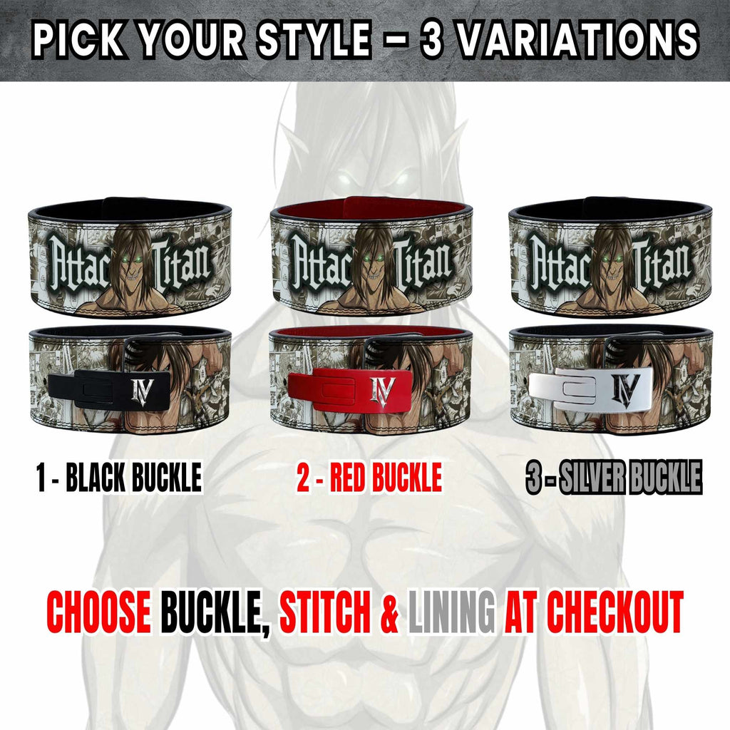 Attack on Titan lifting belt available in black, red, and silver buckle variations