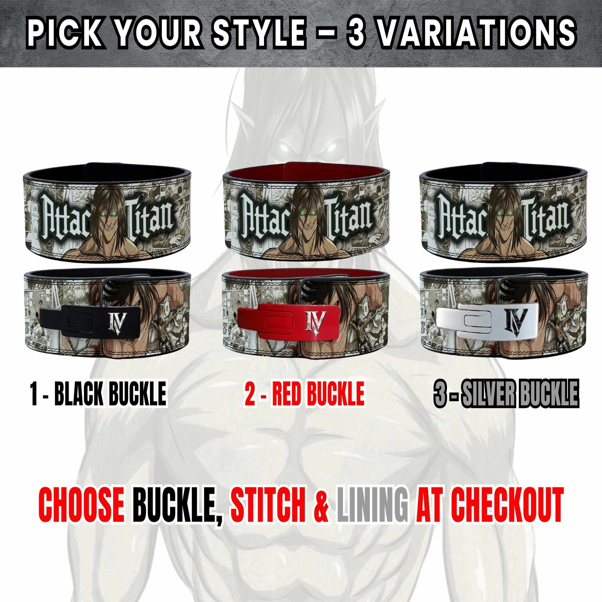 Attack on Titan lifting belt available in black, red, and silver buckle variations