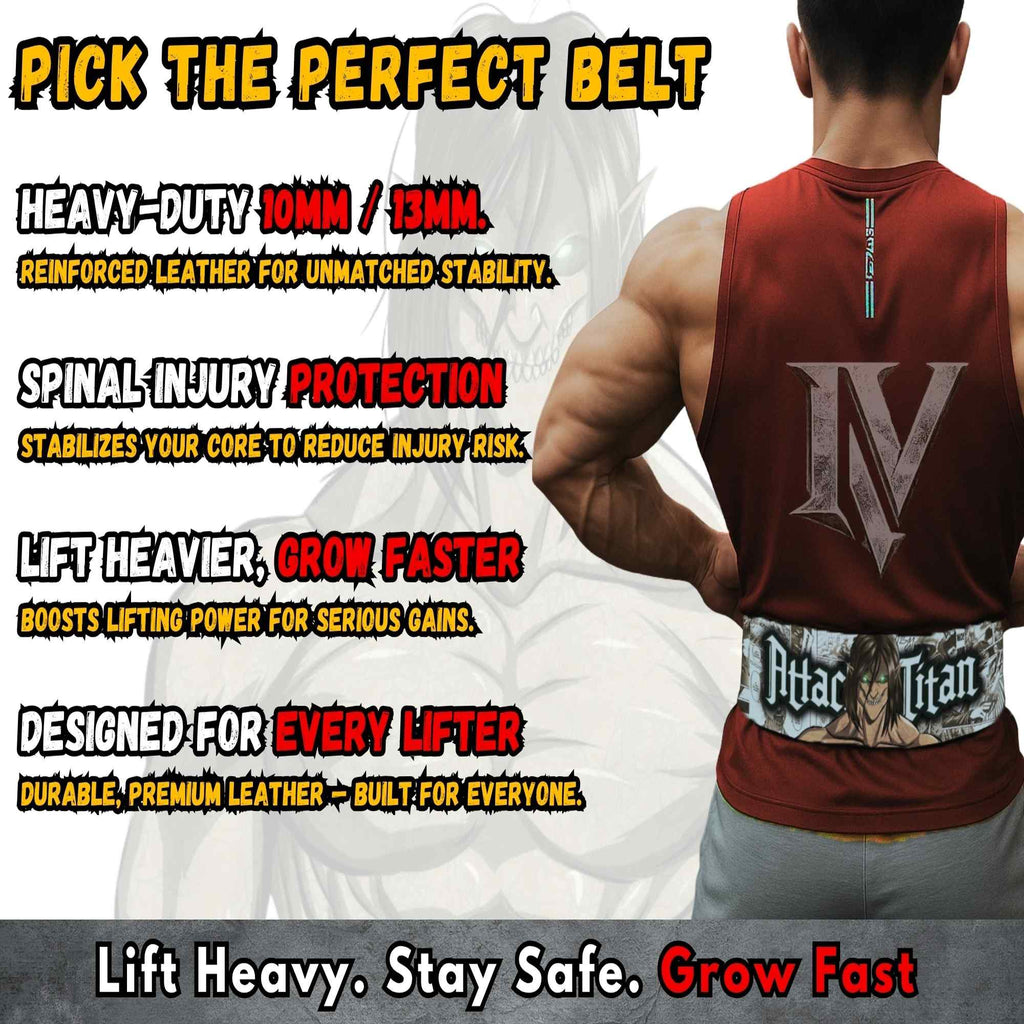 Attack on Titan gym belt benefits showing spinal support, stability, and heavy lifting performance