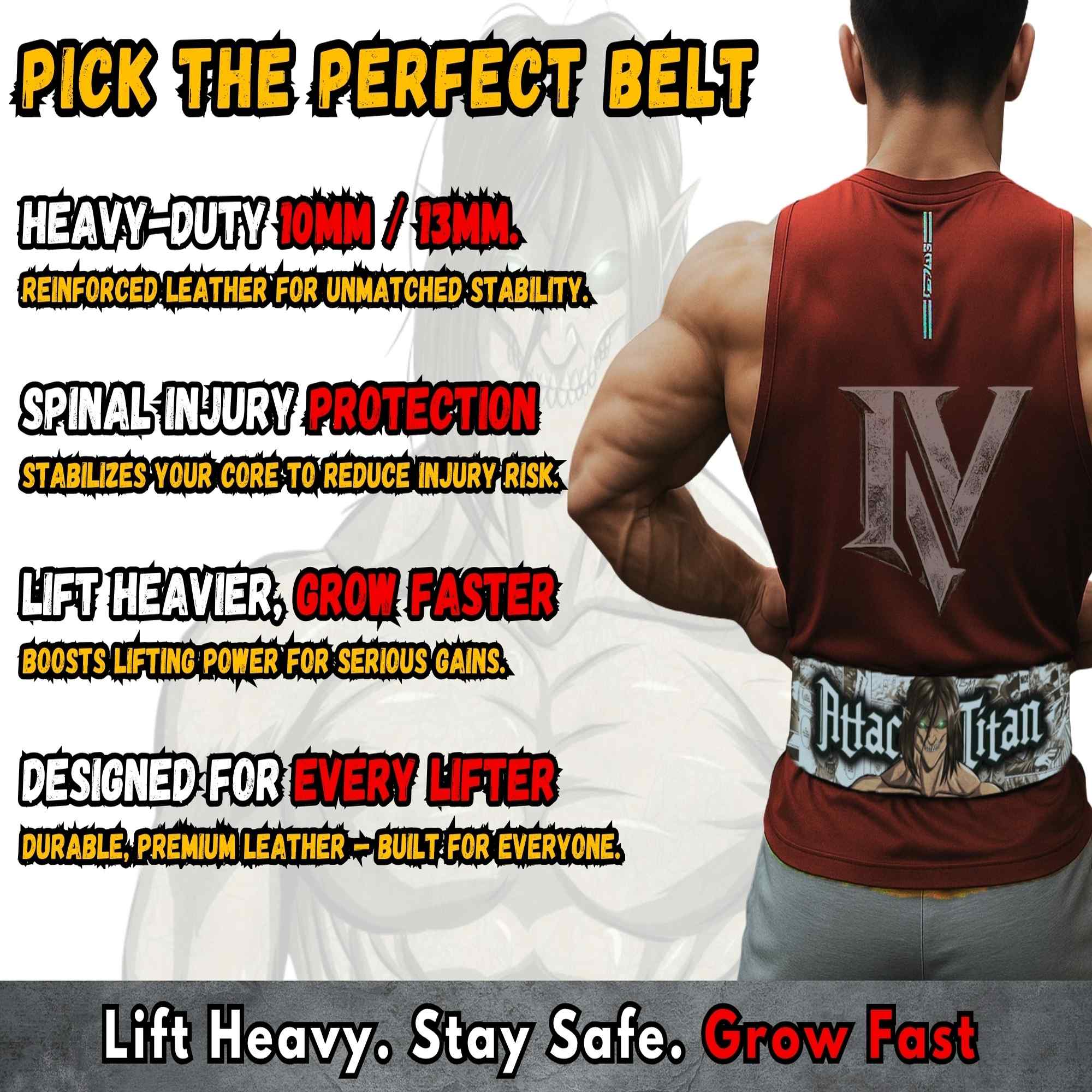 Attack on Titan gym belt benefits showing spinal support, stability, and heavy lifting performance