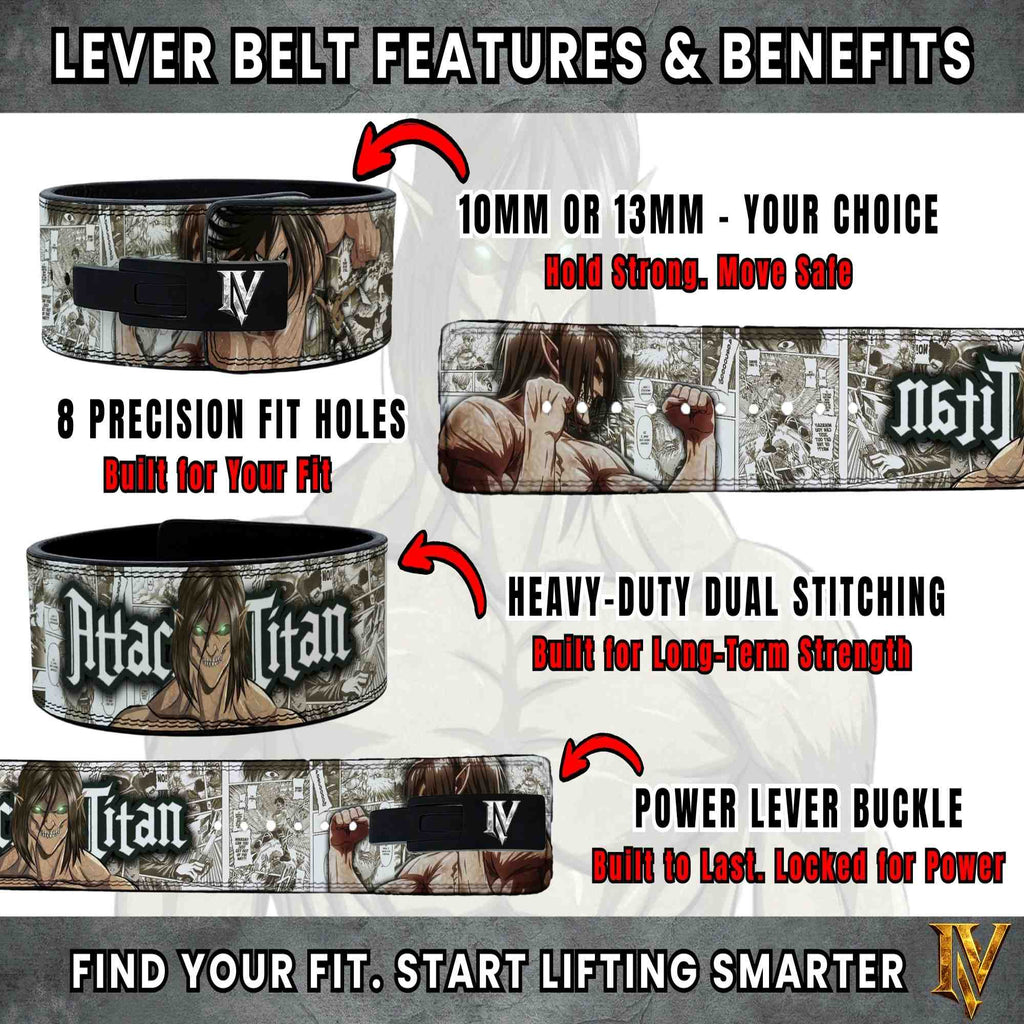 Attack on Titan lever belt features infographic showing stitching, lever buckle, and 10mm or 13mm support