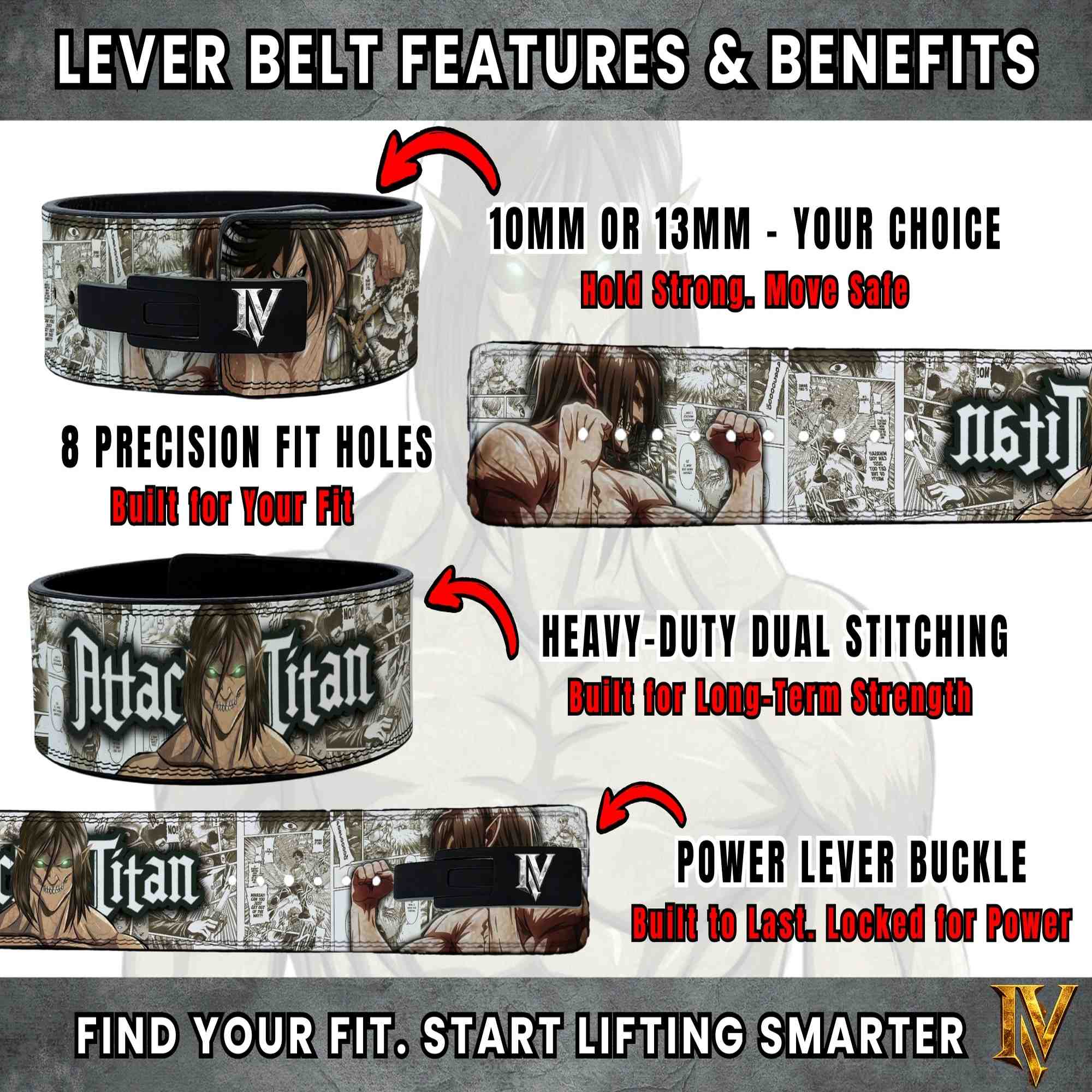 Attack on Titan lever belt features infographic showing stitching, lever buckle, and 10mm or 13mm support