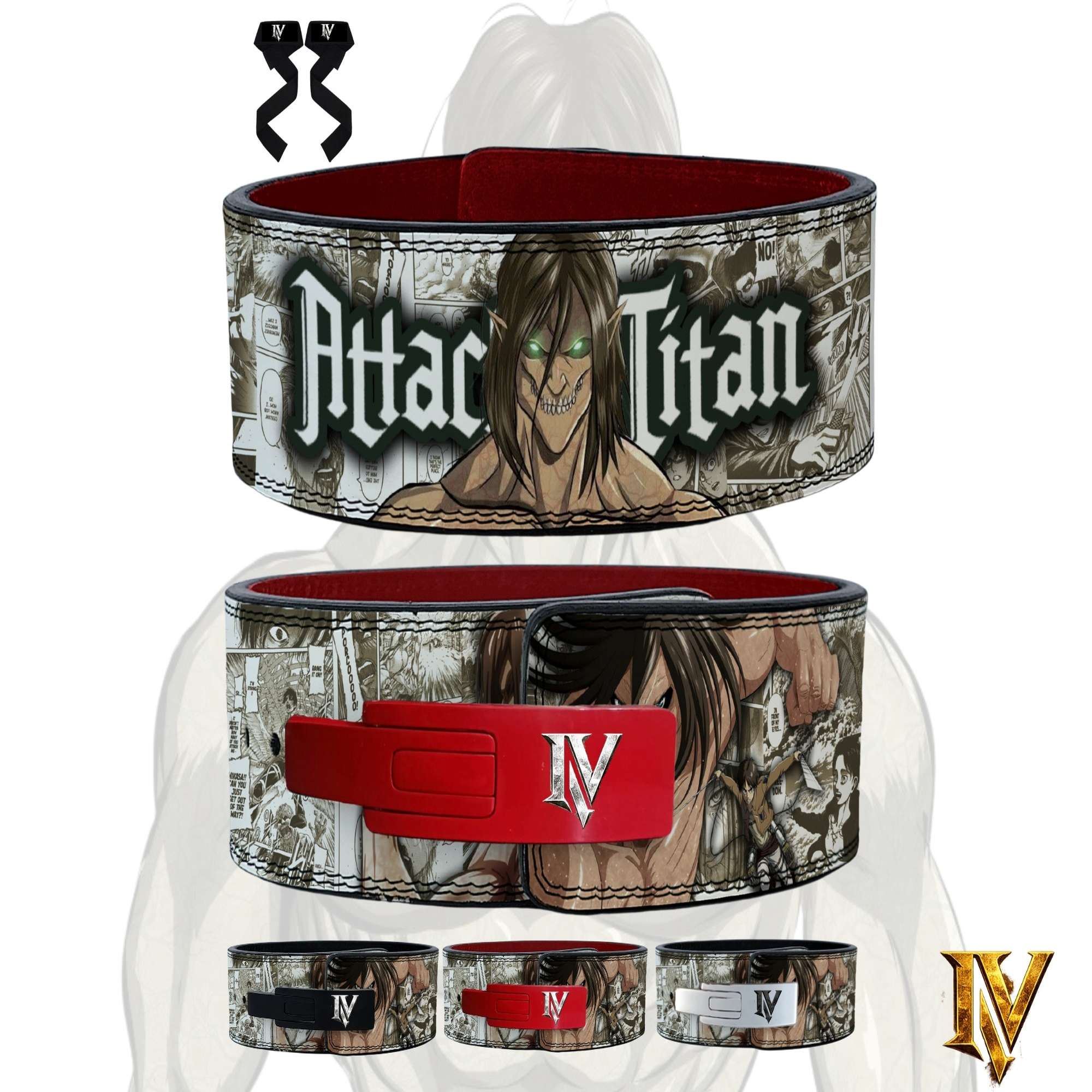 Attack on Titan anime weightlifting belt with red lever buckle featuring Titan artwork and manga-inspired design