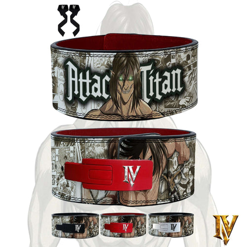 Attack on Titan anime weightlifting belt with red lever buckle featuring Titan artwork and manga-inspired design