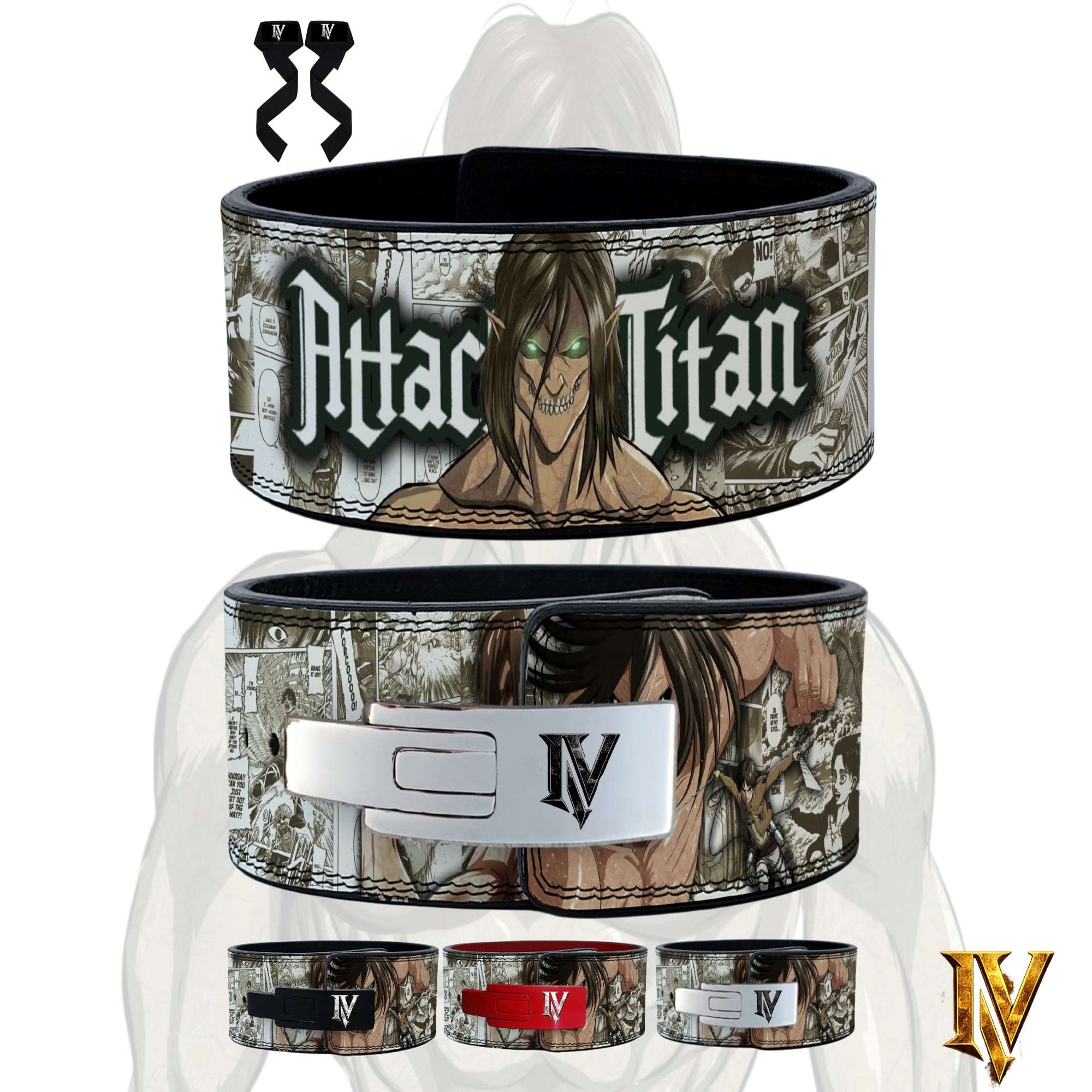 Attack on Titan powerlifting belt with silver lever buckle and detailed anime manga background artwork