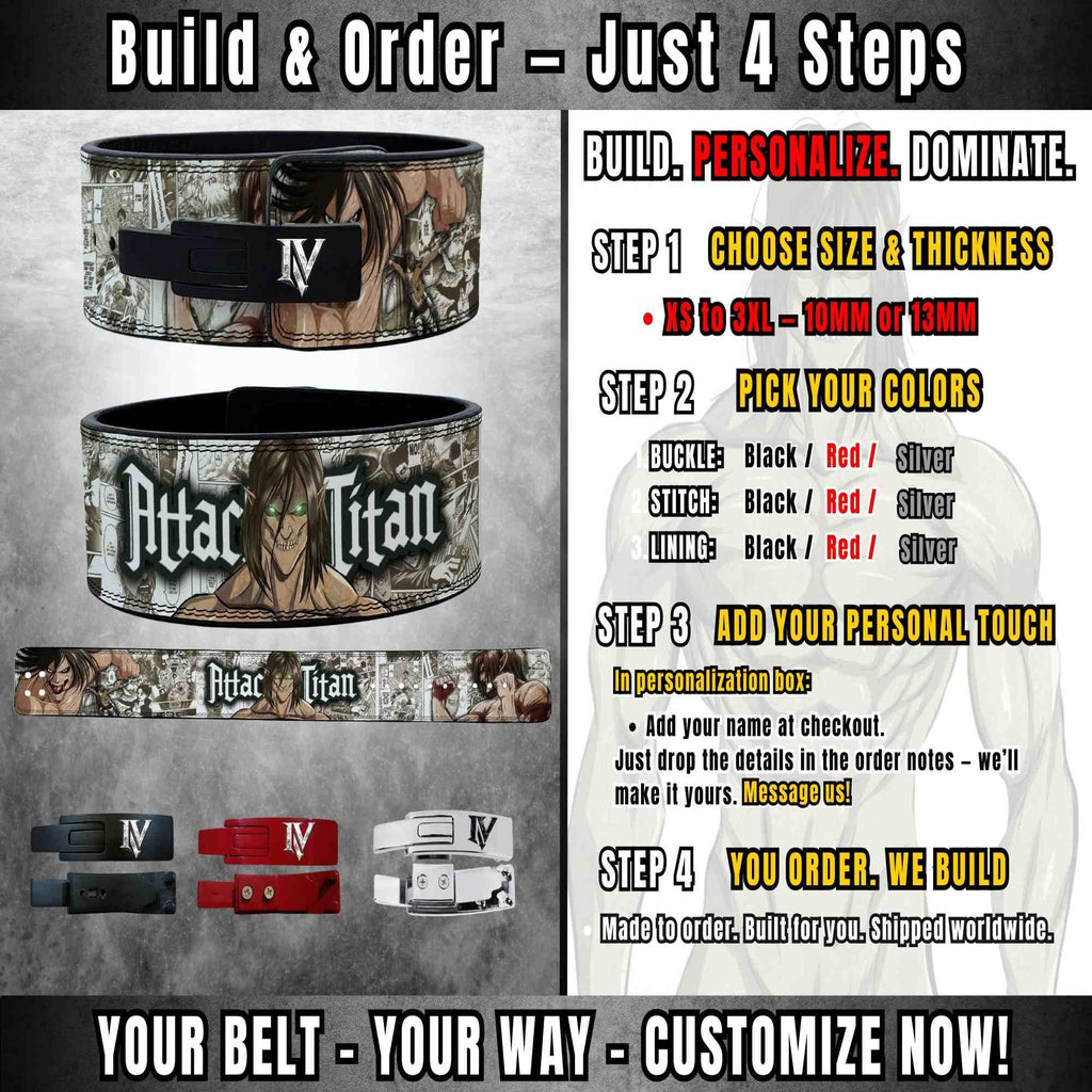 Attack on Titan custom anime lifting belt order guide showing buckle, stitch, and lining customization