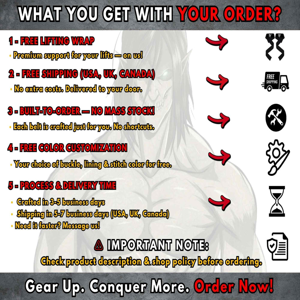 Attack on Titan anime weightlifting belt order benefits including free shipping and customization