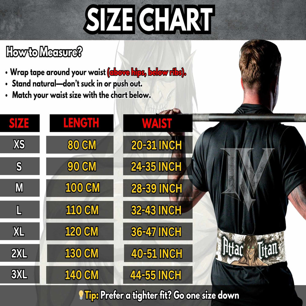 Attack on Titan anime weightlifting belt size chart for XS to 3XL waist measurements