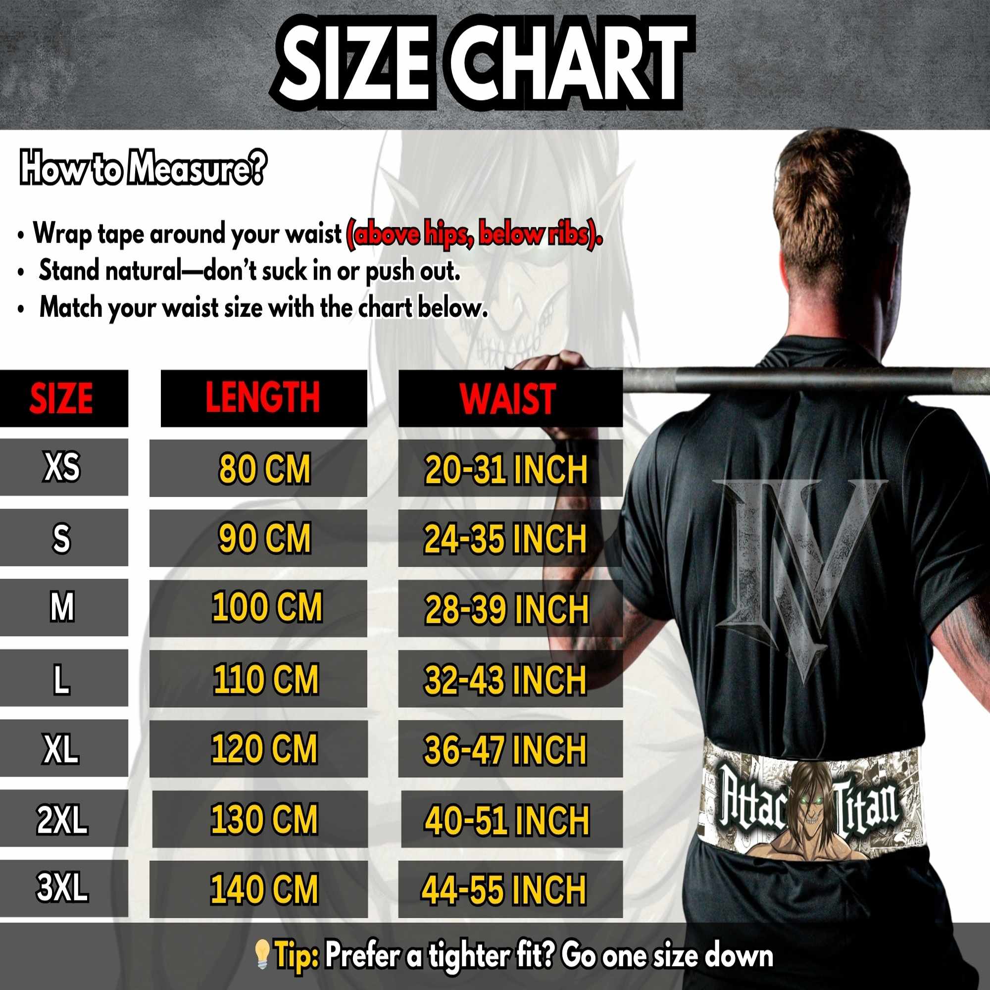 Attack on Titan anime weightlifting belt size chart for XS to 3XL waist measurements
