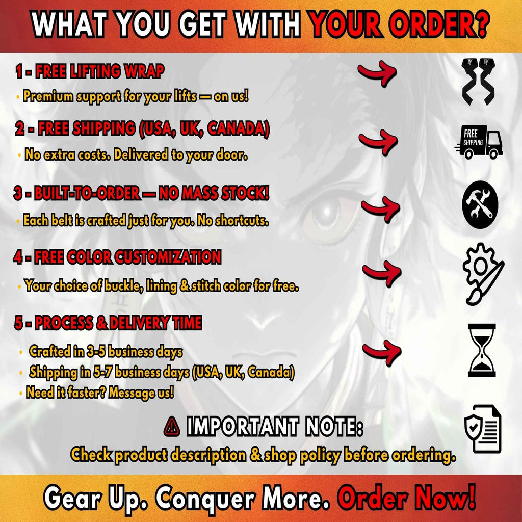 Demon Slayer custom gym belt order benefits including free shipping, lifting straps and custom color options
