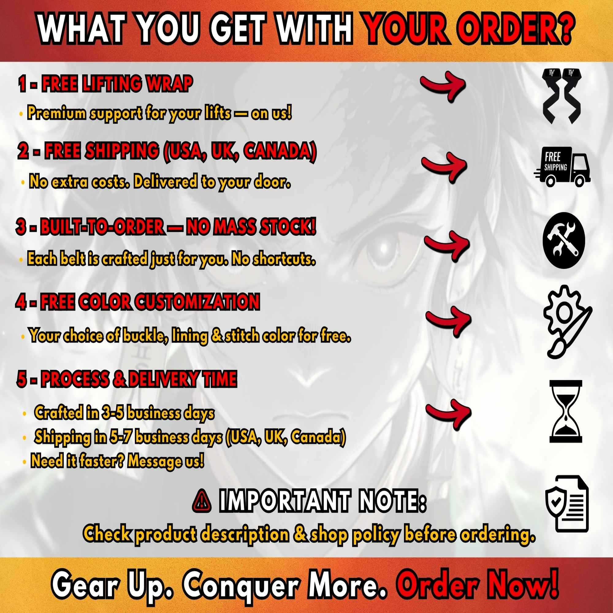 Demon Slayer custom gym belt order benefits including free shipping, lifting straps and custom color options