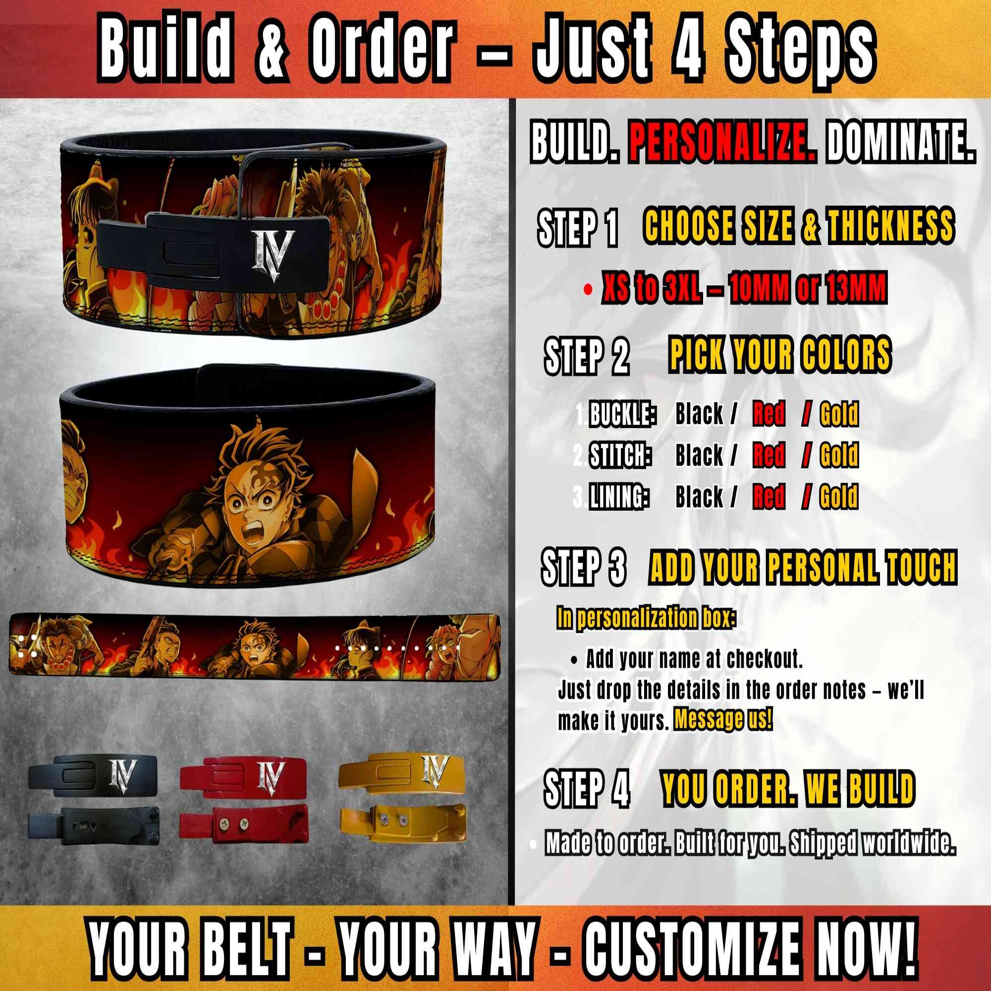 Custom Demon Slayer gym belt order guide showing size selection, color customization and personalized engraving