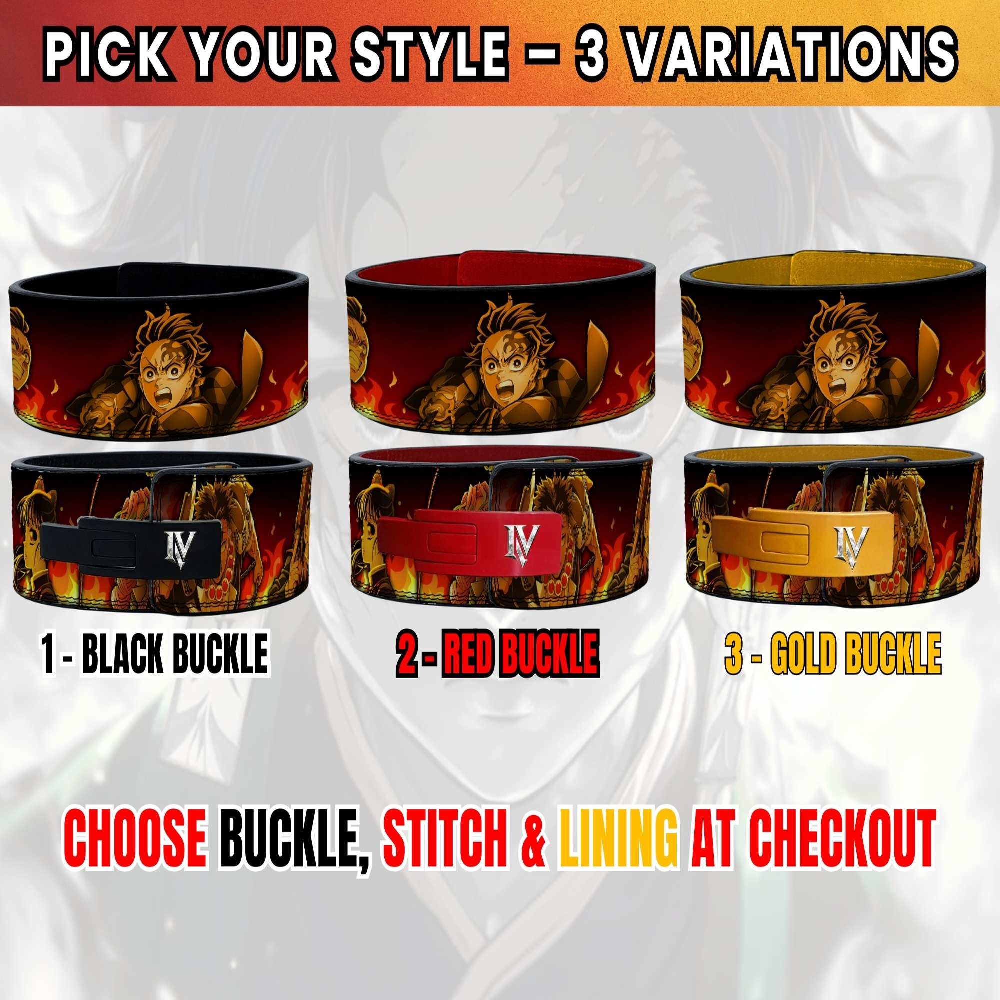 Demon Slayer anime lifting belt available in black, red and gold buckle variations with customizable colors