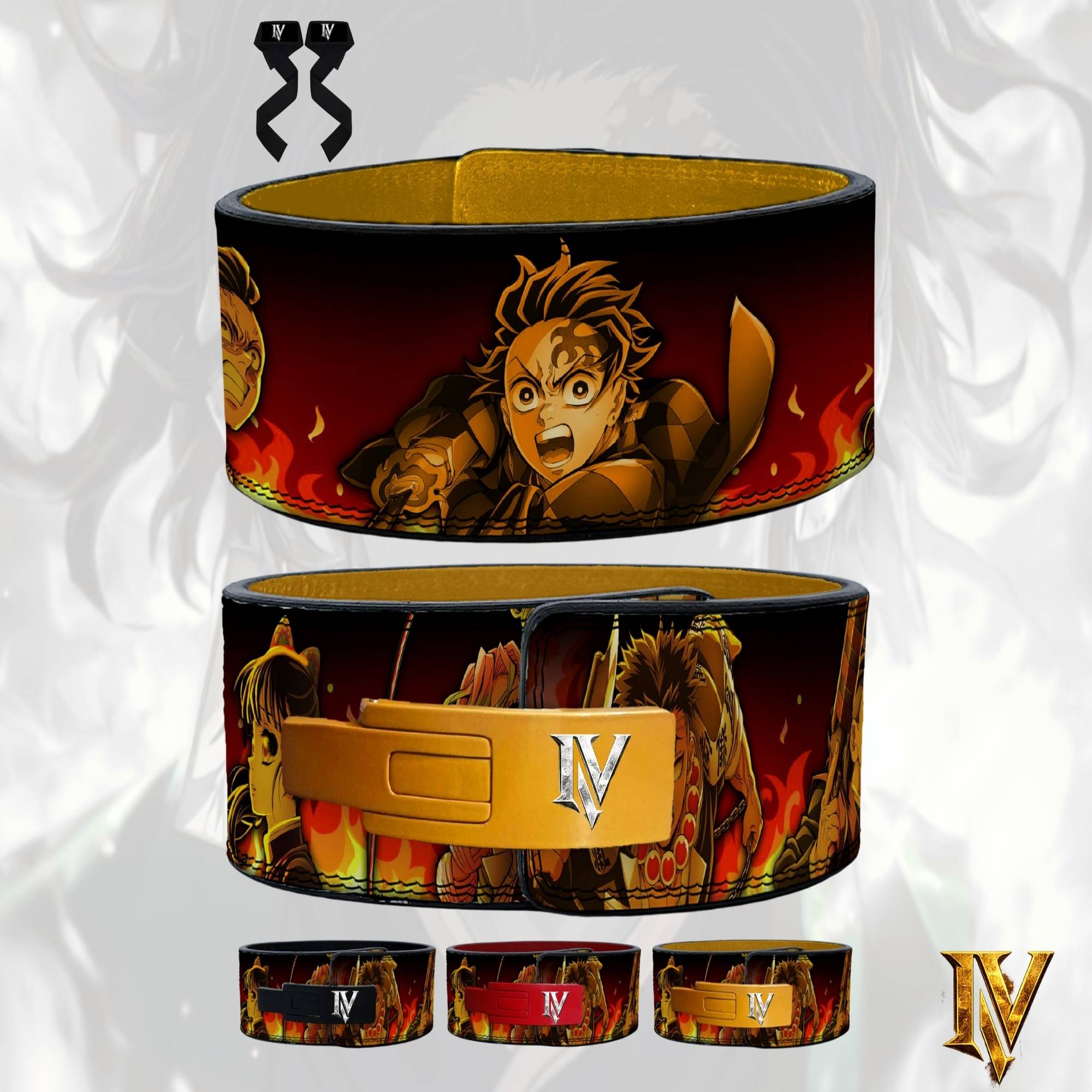 Demon Slayer 10mm 13mm weightlifting belt with gold lever buckle featuring Tanjiro flame anime design