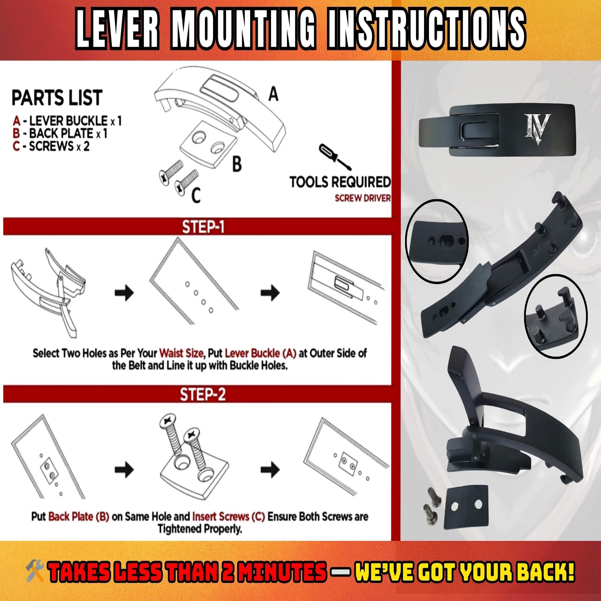 Lever buckle mounting instructions for Demon Slayer anime powerlifting belt with step by step setup guide