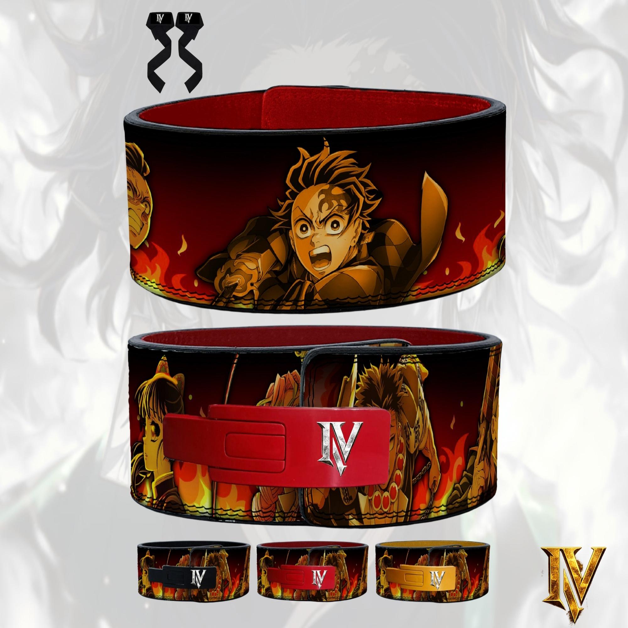 Custom Demon Slayer anime lever lifting belt with red buckle and fiery Tanjiro artwork for powerlifting and gym training