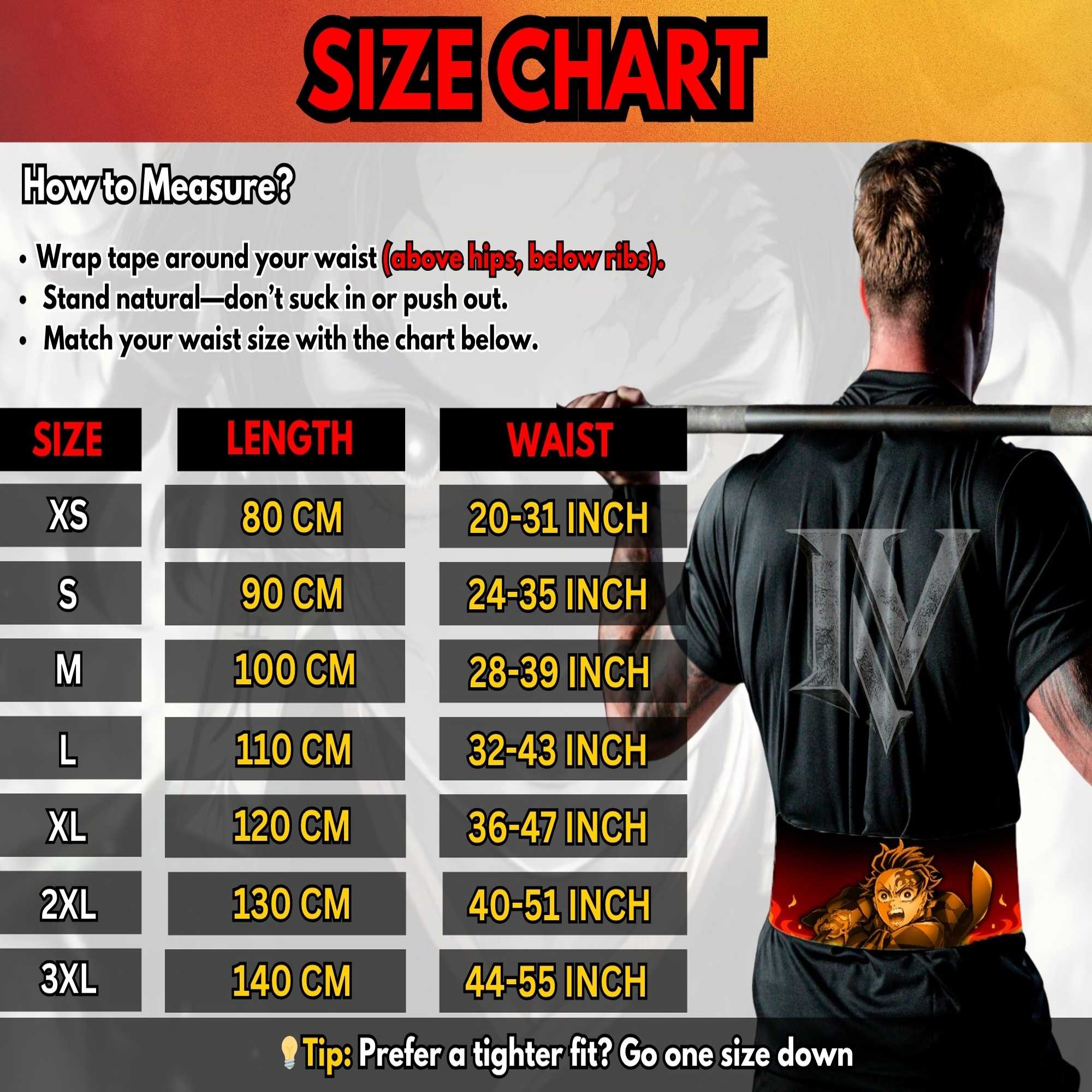 Demon Slayer lifting belt size chart with waist measurements and fitting guide for gym and powerlifting use
