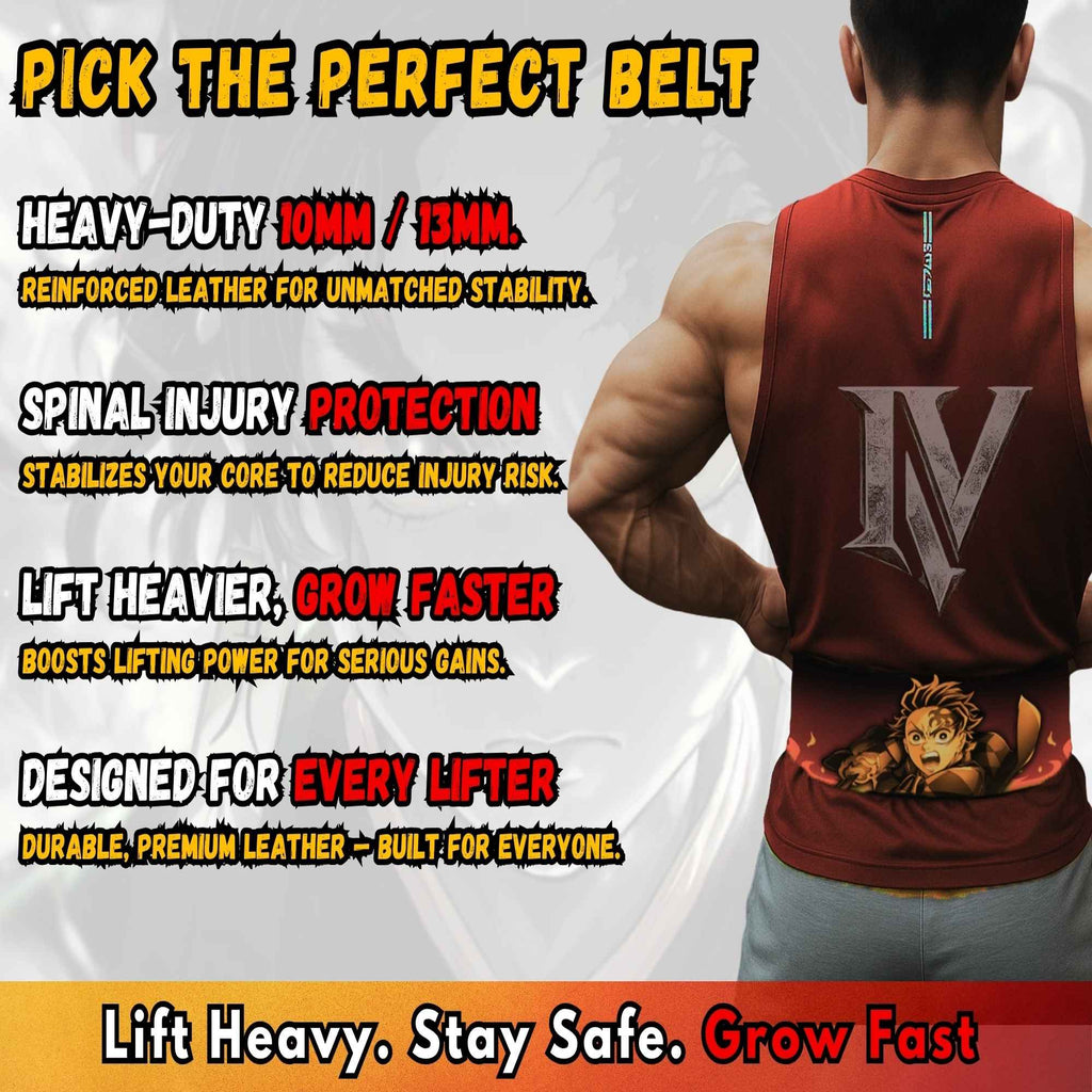 Demon Slayer anime weightlifting belt providing spinal support, stability and lifting performance for squats and deadlifts