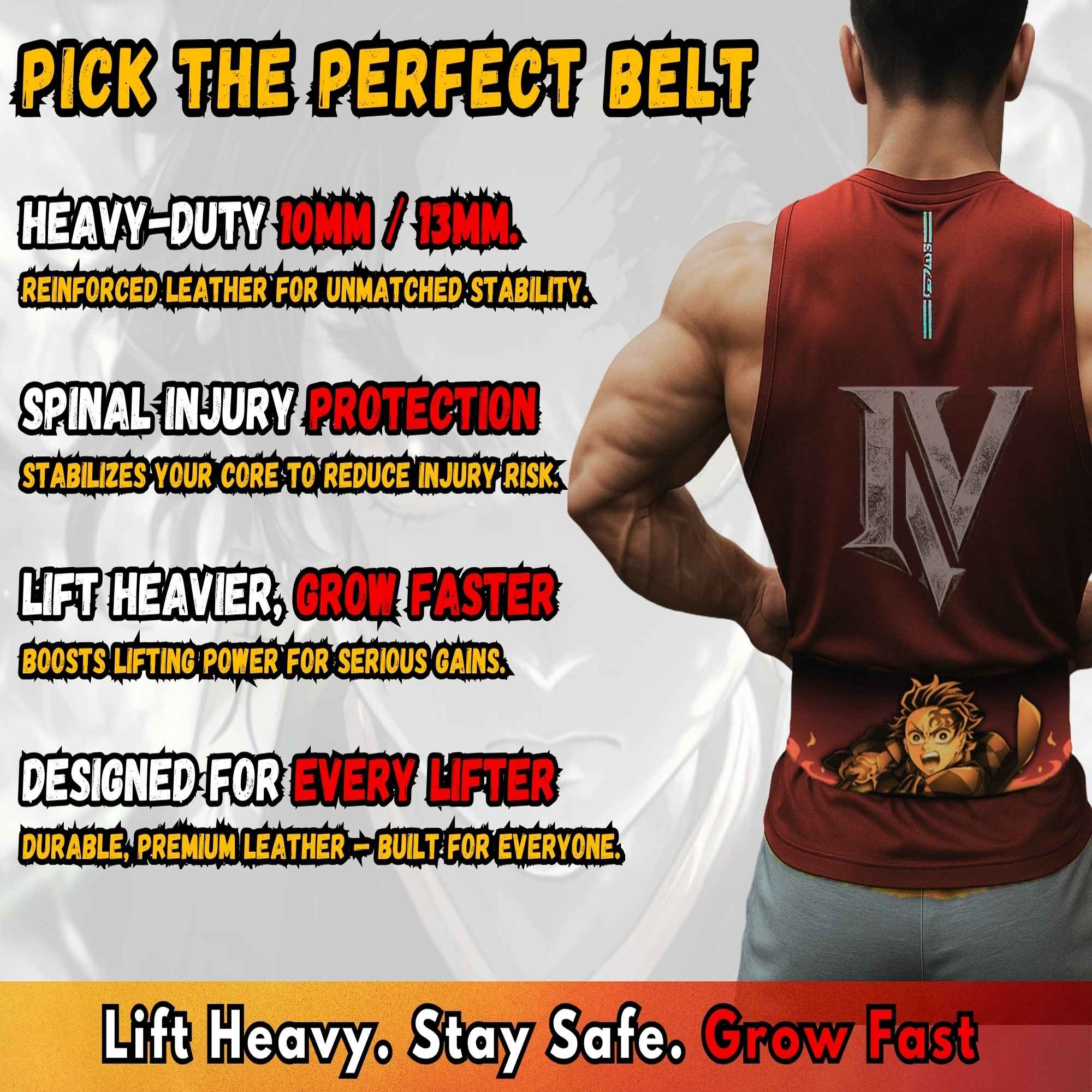 Demon Slayer anime weightlifting belt providing spinal support, stability and lifting performance for squats and deadlifts