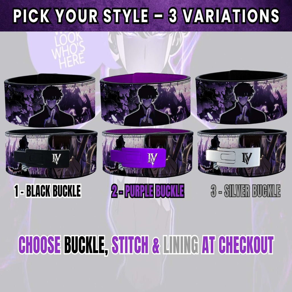 Solo Leveling lifting belt available in black, purple, and silver buckle variations