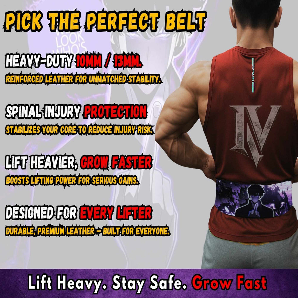 Solo Leveling gym belt benefits showing spinal support, lifting stability, and powerlifting performance