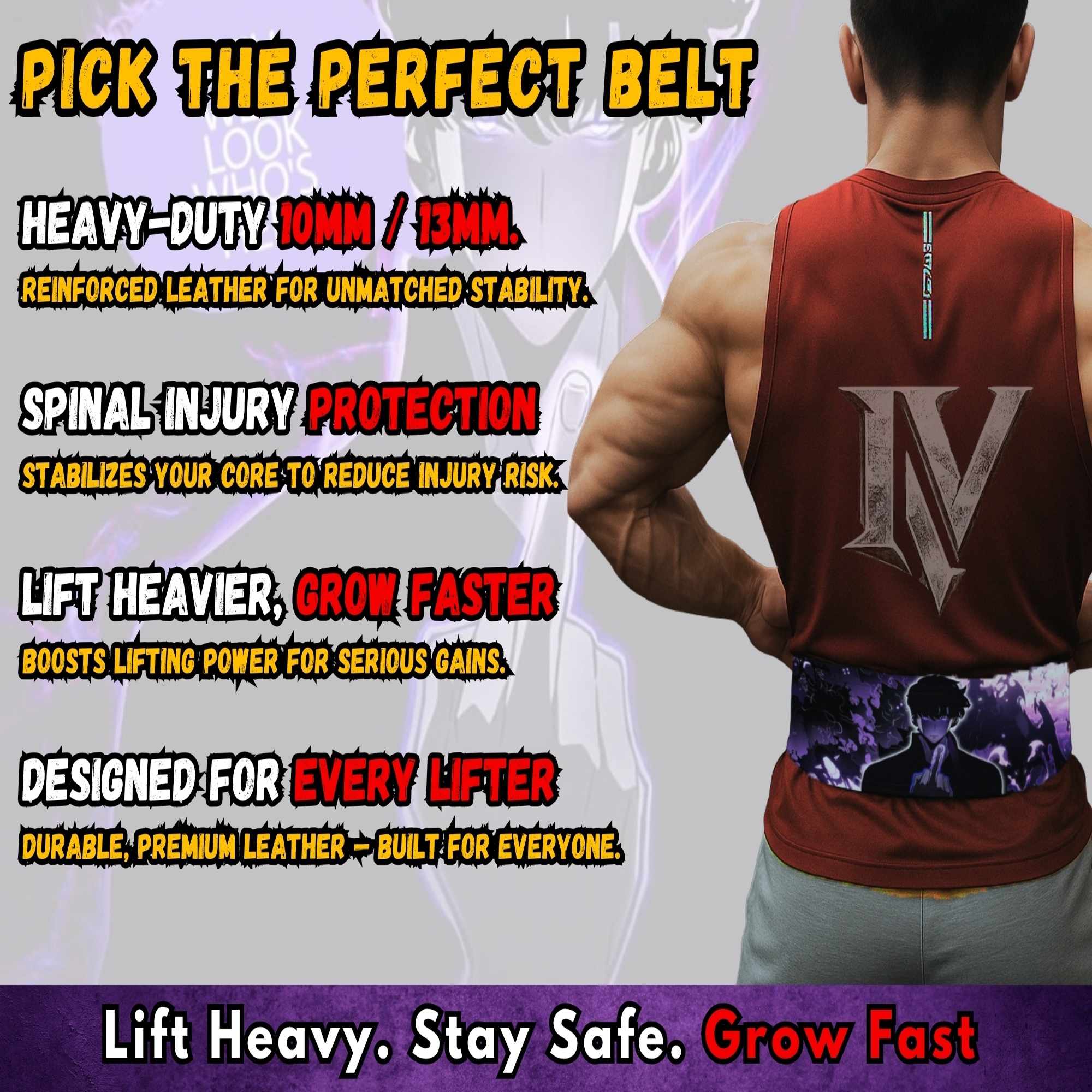 Solo Leveling gym belt benefits showing spinal support, lifting stability, and powerlifting performance