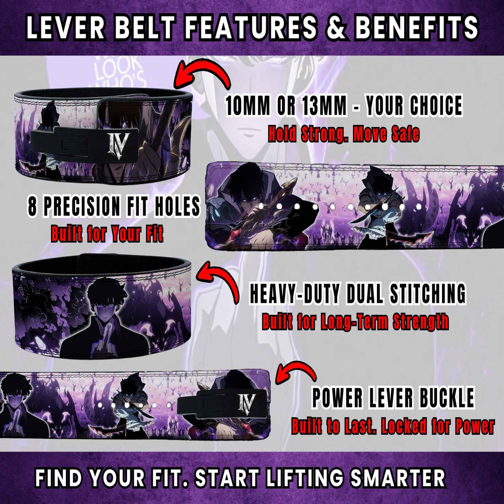 Solo Leveling lever belt features infographic showing stitching, lever buckle, and 10mm or 13mm support