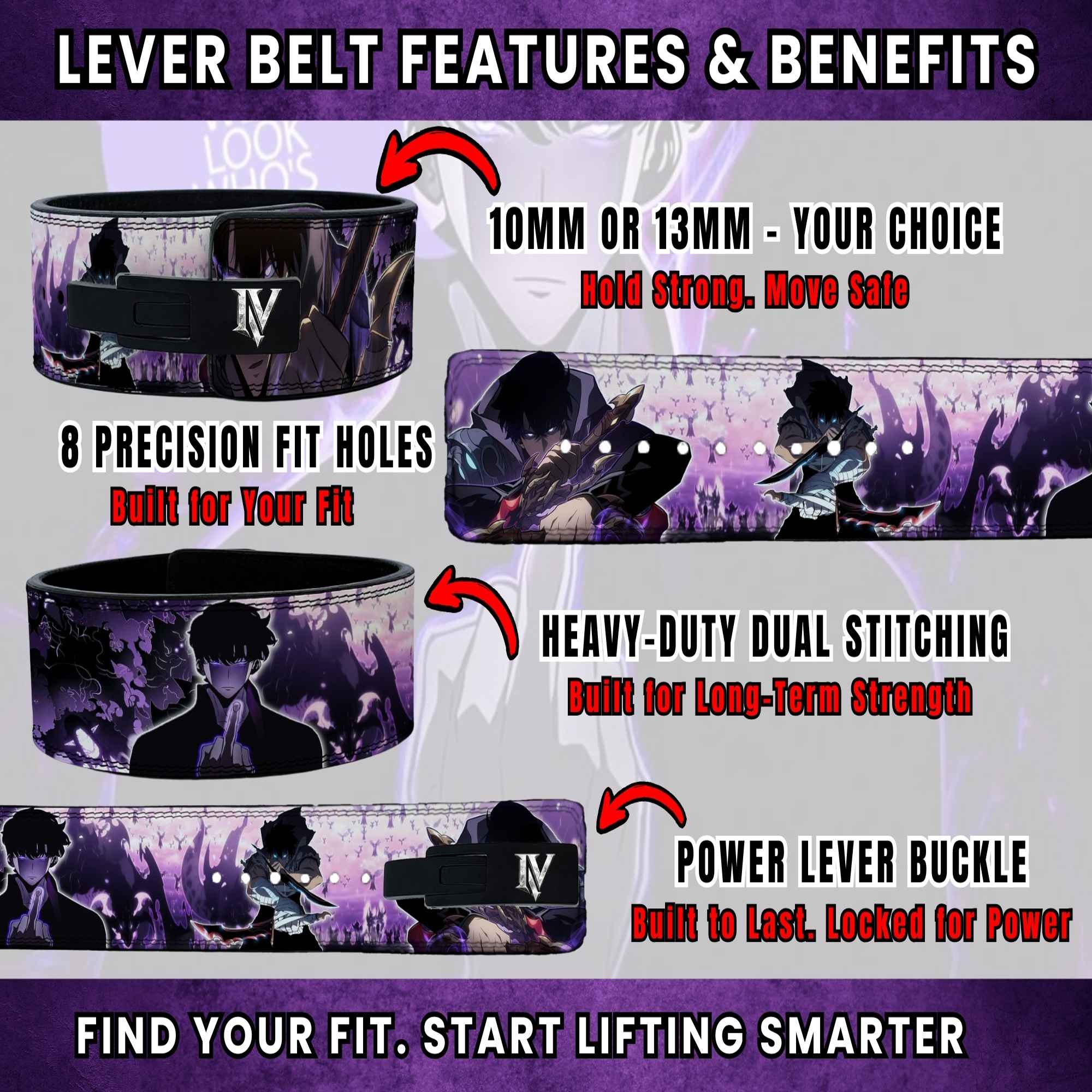 Solo Leveling lever belt features infographic showing stitching, lever buckle, and 10mm or 13mm support