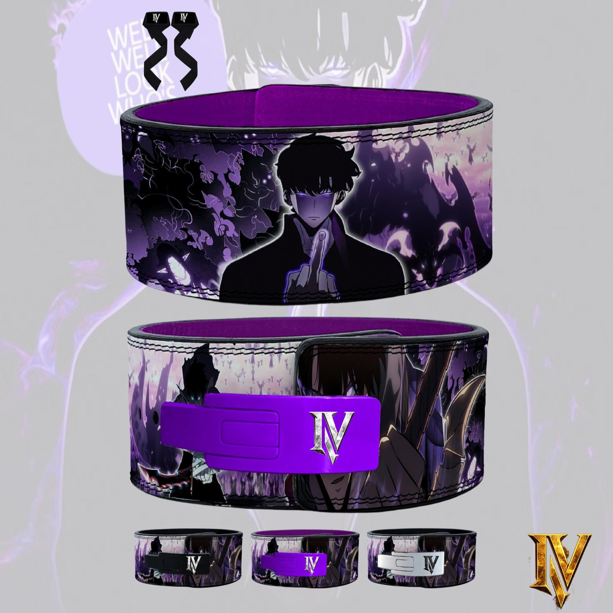 Solo Leveling anime weightlifting belt with purple lever buckle featuring dark shadow monarch artwork