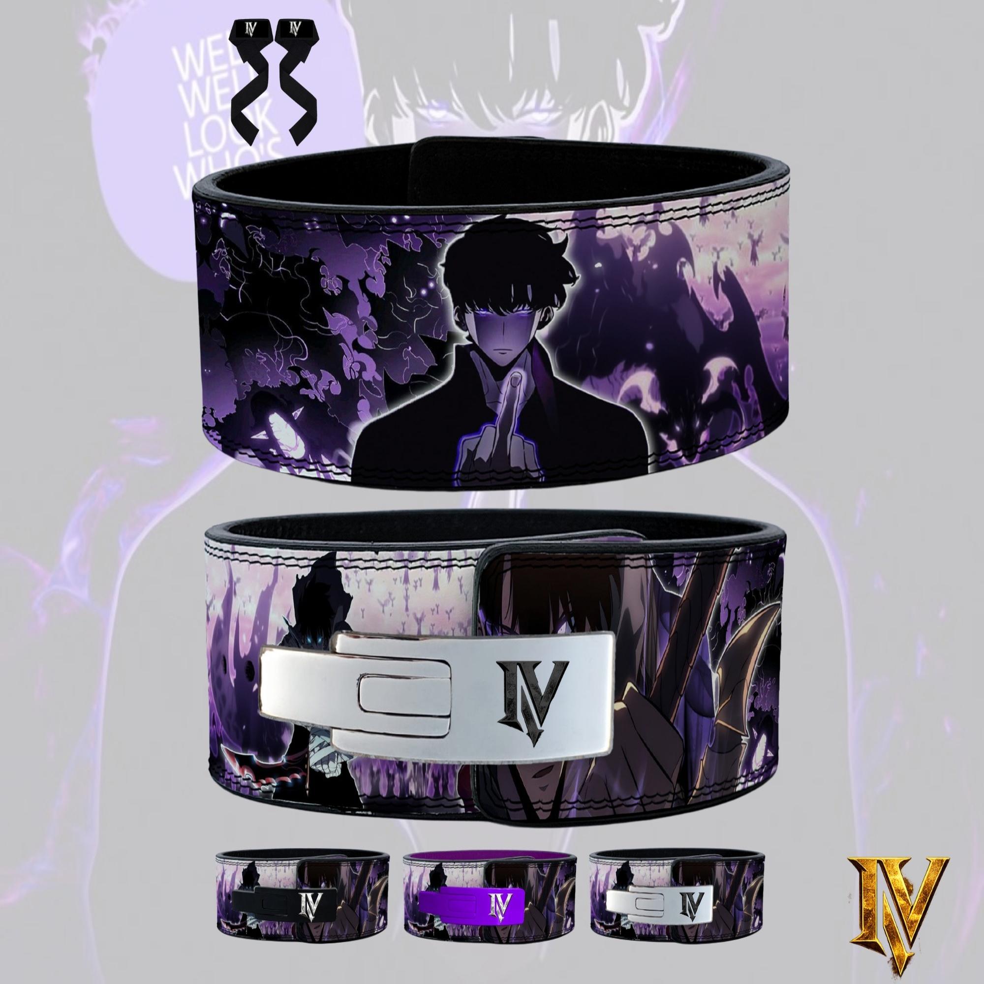 Solo Leveling powerlifting belt with silver lever buckle and purple anime aura design
