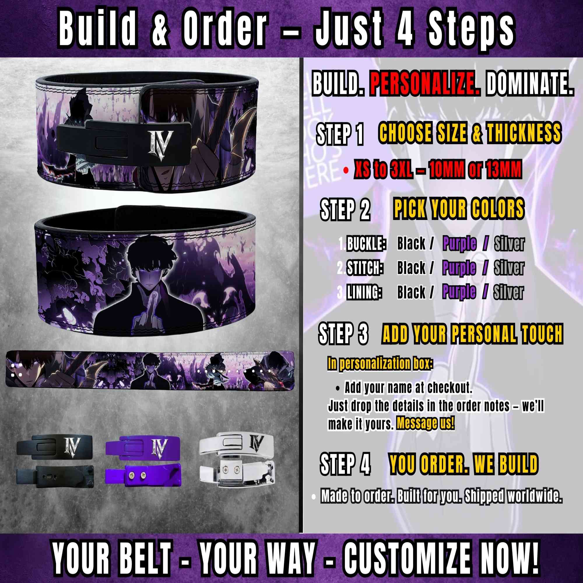 Solo Leveling custom anime lifting belt order guide with buckle, stitch, and lining customization