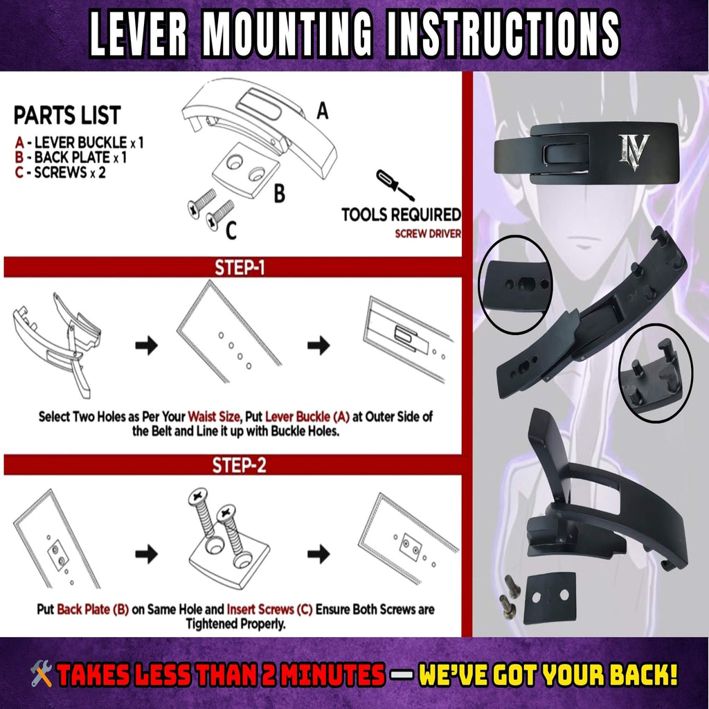 Lever buckle mounting instructions for Solo Leveling anime powerlifting belt