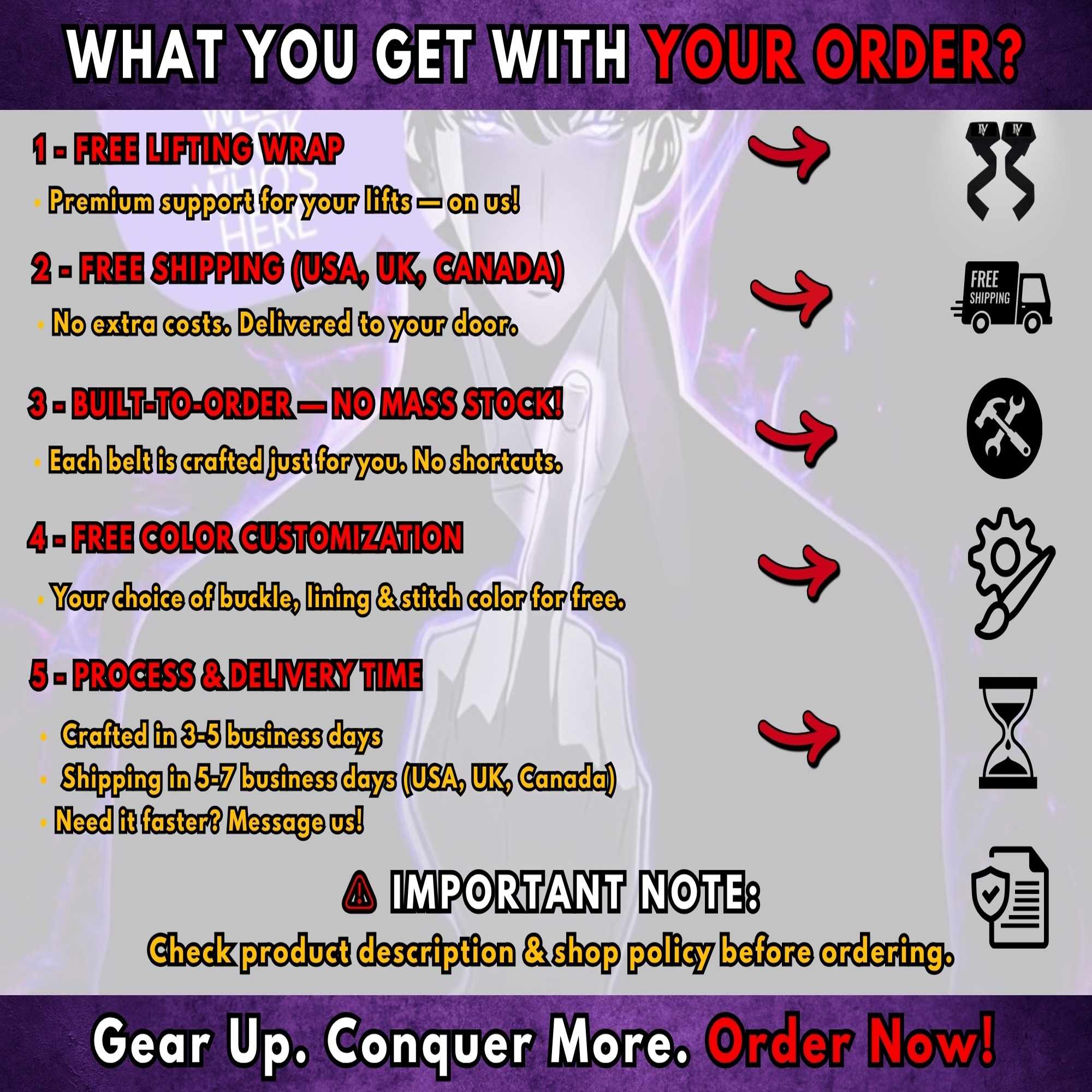 Solo Leveling anime lifting belt order benefits including free shipping and custom color options