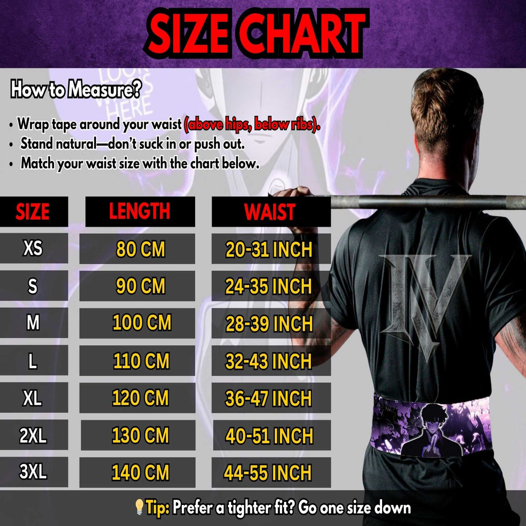 Solo Leveling anime weightlifting belt size chart for XS to 3XL waist measurements